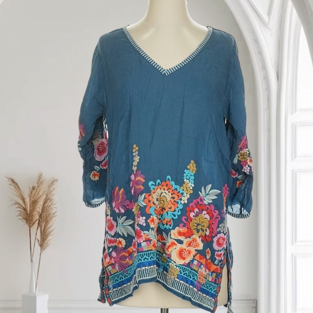 Johnny Was‎ Large Araxi Floral Embroidered Boho 3/4 Sleeve Tunic Top Women's XS